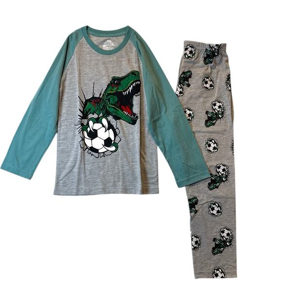Kids Dinosaur Pajama Set Soccer Dino Print Green & Gray Size 6Y - Picture 1 of 7